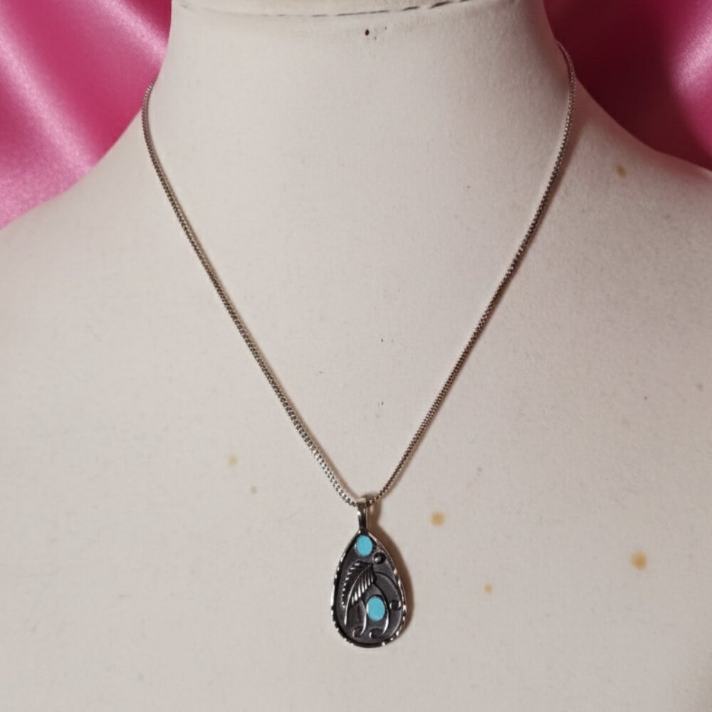 Boho Western Feather Teardrop Leaf Turquoise Silver Pendant Necklace NWOT - Picture 4 of 8